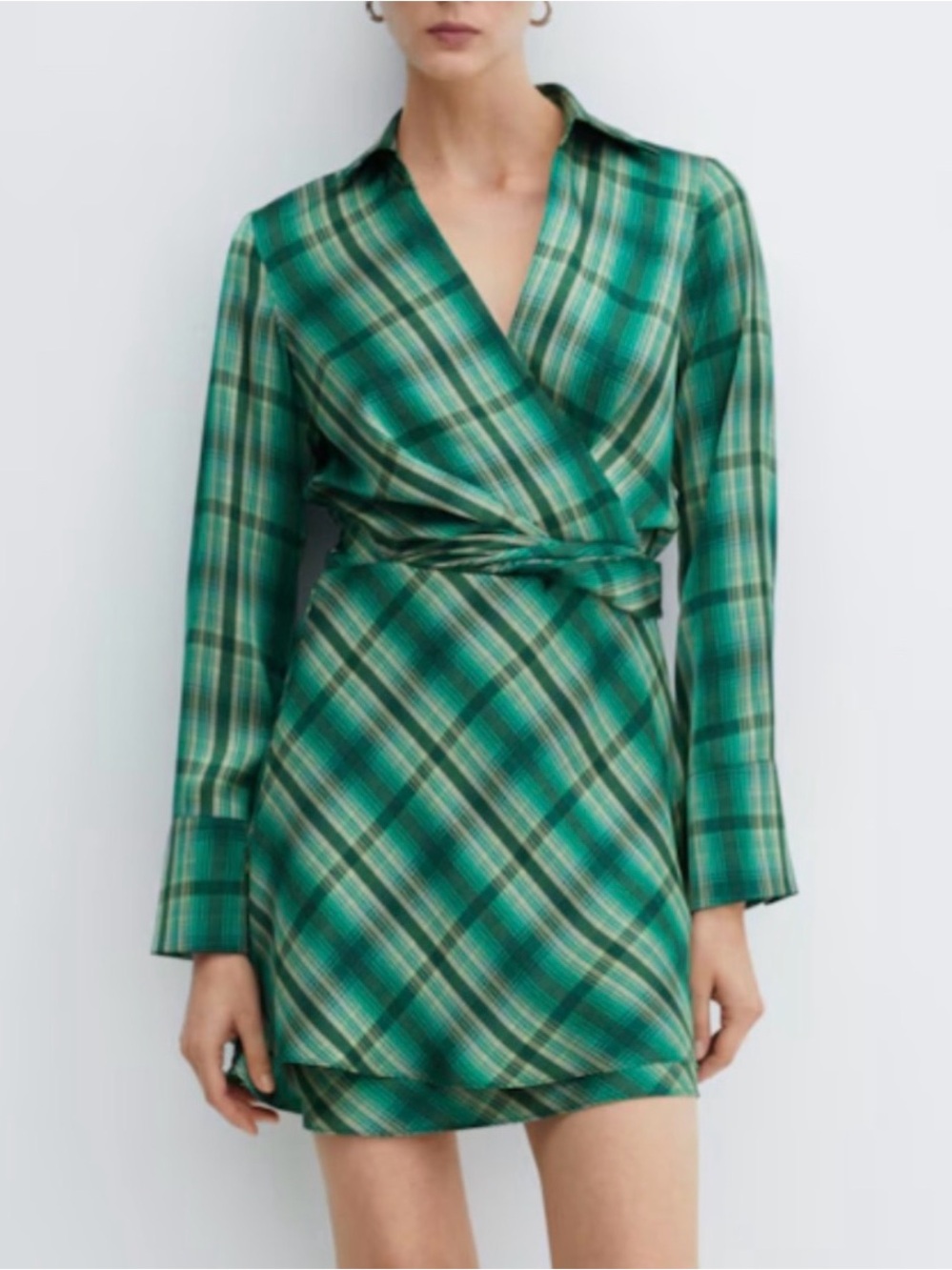 Mango Teal Plaid Long Sleeve Dress